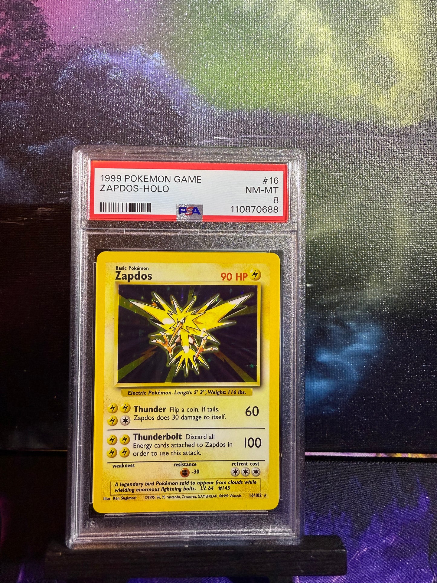 1999 POKEMON BASE SET UNLIMITED #16 ZAPDOS-HOLO PSA 8